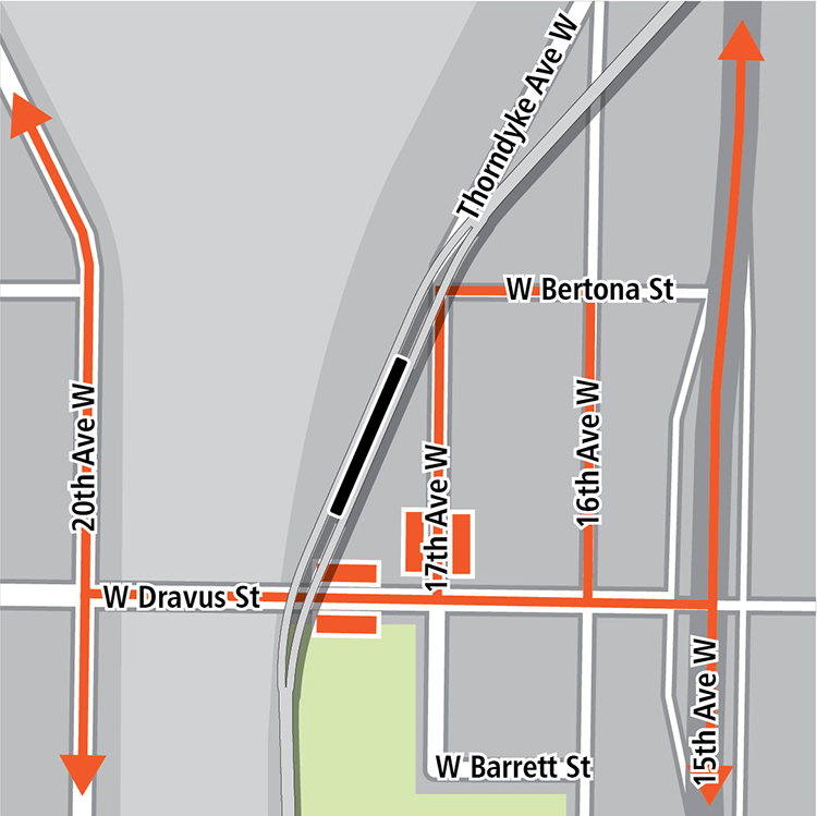 Map with boundaries of West Dravus Street to the south, Fifteenth Avenue West to the east, and Twentieth Avenue West to the west. Below grade station location is on the west side of Seventeenth Avenue West, north of West Dravus Street. Existing bus stations are on the north and west corners of the intersection of West Dravus Street and Seventeenth Avenue West. Bus lines run on Fifteenth Avenue West; Twentieth Avenue West; West Dravus Street between Twentieth Avenue West and Fifteenth Avenue West;  Seventeenth Avenue West going north of West Dravus Street; Sixteenth Avenue West going north of West Dravus Street; and West Bertona Street between Seventeenth Avenue West and Sixteenth Avenue West.